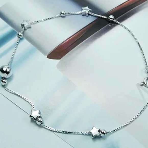 14k Gold Star Beads Bracelet/Anklet Sterling Silver - Picture 2 of 10